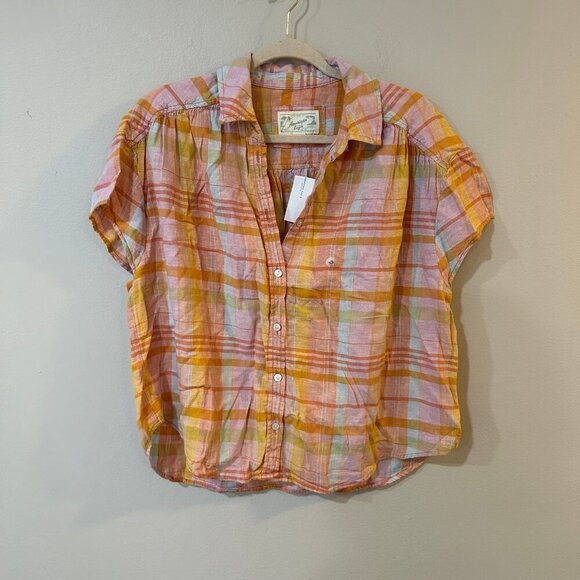 NWT American Eagle Plaid Short Sleeve Pink Orange Button Down Shirt Size X-Small - Picture 4 of 6